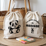 Sac pochon bébé personnalisé recto panda câlin et verso prénom en coton avec flocage couleur - MARJANE et Cie