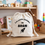 Sac pochon bébé personnalisable famille singe face texte et fusée, coton, flocage couleur, cadeau naissance - MARJANE et Cie