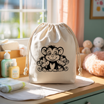 Sac pochon bébé personnalisable famille singe en coton avec flocage, cadeau naissance- MARJANE et Cie