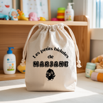 Sac pochon bébé personnalisé famille singe face prénom et poussin, coton, flocage couleur - MARJANE et Cie