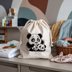Sac pochon bébé personnalisable famille panda en coton avec flocage, cadeau naissance- MARJANE et Cie
