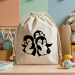 Sac pochon bébé personnalisable manchots dansants en coton avec flocage, cadeau naissance- MARJANE et Cie