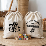 Sac pochon bébé personnalisé recto manchots dansants et verso prénom en coton avec flocage couleur - MARJANE et Cie