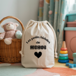 Sac pochon bébé personnalisable manchots dansants face texte et cœur, coton, flocage couleur, cadeau naissance - MARJANE et Cie