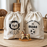 Sac pochon bébé personnalisé recto lionceau courageux et verso prénom en coton avec flocage couleur - MARJANE et Cie