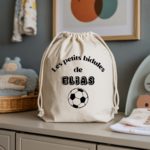 Sac pochon bébé personnalisable lionceau courageux face texte et foot, coton, flocage couleur, cadeau naissance - MARJANE et Cie