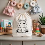Sac pochon bébé personnalisable hippopotame tendre en coton avec flocage, cadeau naissance- MARJANE et Cie