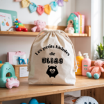 Sac pochon bébé personnalisable chat songeur face texte et monstre, coton, flocage couleur, cadeau naissance - MARJANE et Cie