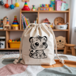 Sac pochon bébé personnalisé chat songeur en coton avec flocage couleur - MARJANE et Cie