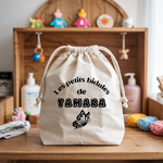 Sac pochon bébé personnalisé chat songeur face prénom et papillon, coton, flocage couleur - MARJANE et Cie