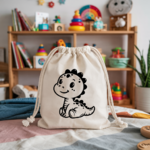 Sac pochon bébé personnalisable dinosaure espiègle en coton avec flocage, cadeau naissance- MARJANE et Cie