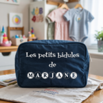 Trousse bébé personnalisable zèbre et tigre face personnalisation texte en toile bleu avec flocage, écoresponsable - MARJANE et Cie