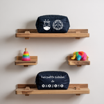 Trousse bébé personnalisée recto zèbre et lion et verso prénom en toile recyclée bleu marine avec flocage blanc - MARJANE et Cie