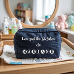 Trousse bébé personnalisable zèbre et lion face personnalisation prénom en toile recyclée avec flocage - MARJANE et Cie