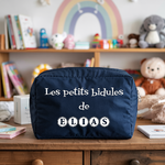 Trousse bébé personnalisée zèbre et lion face personnalisation texte en toile bleu avec flocage, écoresponsable - MARJANE et Cie