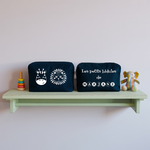 Trousse bébé personnalisable zèbre et lion et prénom en toile recyclée bleu marine avec flocage, cadeau naissance - MARJANE et Cie