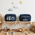 Trousse bébé personnalisable manchots dansants et prénom en toile recyclée bleu marine avec flocage, cadeau naissance - MARJANE et Cie