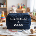 Trousse bébé personnalisée Dinosaures complices face personnalisation prénom en toile recyclée avec flocage - MARJANE et Cie