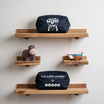 Trousse bébé personnalisée recto Chien joyeux et verso prénom en toile recyclée bleu marine avec flocage blanc - MARJANE et Cie