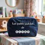 Trousse bébé personnalisable Singe rieur face personnalisation texte en toile bleu avec flocage, écoresponsable - MARJANE et Cie
