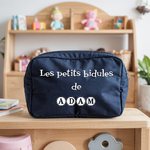 Trousse bébé personnalisée Maman singe face personnalisation texte en toile bleu avec flocage, écoresponsable - MARJANE et Cie