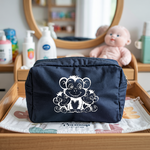 Trousse bébé personnalisable Maman singe et ses petits bleu marine, écoresponsable, cadeau naissance - MARJANE et Cie