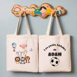 Tote bag bébé personnalisé recto Compagnons d’aventure et verso prénom en coton blanc avec flocage couleur - MARJANE et Cie