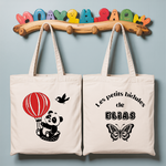 Tote bag bébé personnalisé recto Voyage léger et verso prénom en coton blanc avec flocage couleur - MARJANE et Cie