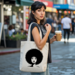 Tote bag femme avec illustration féminine affirmée par flocage monochrome porté par une femme - MARJANE et Cie