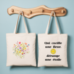 Tote bag femme avec illustration de fleurs des champs en couleur et citation poétique en noir floqué - MARJANE et Cie
