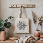 Tote bag femme design mandala suspendu, illustration fine en noir, flocage - MARJANE et Cie