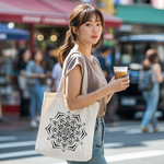 Tote bag femme porté, mandala graphique monochrome visible, flocage - MARJANE et Cie
