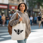 Tote bag femme porté, illustration d’abeille symbolique et élégante, flocage - MARJANE et Cie