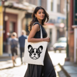 Tote bag femme avec chien bouledogue français porté par une femme avec élégance - MARJANE et Cie