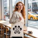Tote bag femme avec patte de chien mandala par flocage monochrome porté par une femme - MARJANE et Cie