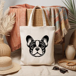 Tote bag femme avec tête de chien bouledogue français en flocage noir - MARJANE et Cie