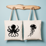 Tote bag femme avec illustration monochrome de pieuvre et verso méduse en flocage noir - MARJANE et Cie