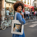 Tote bag femme avec léopard majestueux en couleur porté par une femme - MARJANE et Cie