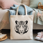 Tote bag femme avec tête de tigre en flocage noir monochrome – puissance féline - MARJANE et Cie