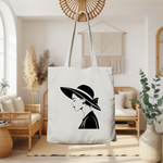 Tote bag femme illustration féminine au chapeau par flocage noir suspendu - MARJANE et Cie