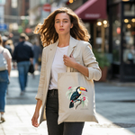 Tote bag femme illustration naturaliste d’un oiseau toucan en couleur porté avec élégance par une femme - MARJANE et Cie