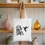 Tote bag femme avec illustration d’un oiseau colibri flocage noir monochrome suspendu - style inspiré des planches d’ornithologues - MARJANE et Cie