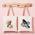Tote bag femme avec illustration naturaliste d’un lori noira et au verso un oiseau en flocage noir - contraste entre couleur et noir et blanc – MARJANE et Cie