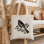 Tote bag femme avec illustration d’un oiseau flocage noir monochrome suspendu - contraste entre couleur et noir et blanc - MARJANE et Cie