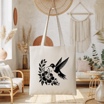 Tote bag femme avec illustration d’un oiseau colibri flocage noir monochrome suspendu - contraste entre couleur et noir et blanc - MARJANE et Cie