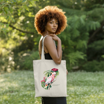 Tote bag femme illustration d’un oiseau cacatoès de Leadbeater en couleur porté avec élégance par une femme - MARJANE et Cie