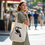 Tote bag femme avec illustration d’oiseau toucan flocage noir porté par une femme - esthétique sobre et raffinée - MARJANE et Cie