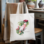 Tote bag femme avec illustration couleur d’un oiseau cacatoès de Leadbeater suspendu à une chaise - dessin naturaliste détaillée - MARJANE et Cie