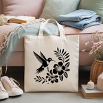 Tote bag femme avec flocage d’un oiseau colibri monochrome noir - dessin fin et élégant - MARJANE et Cie