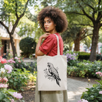 Tote bag femme avec illustration d’un perroquet floqué en noir porté par une femme - MARJANE et Cie